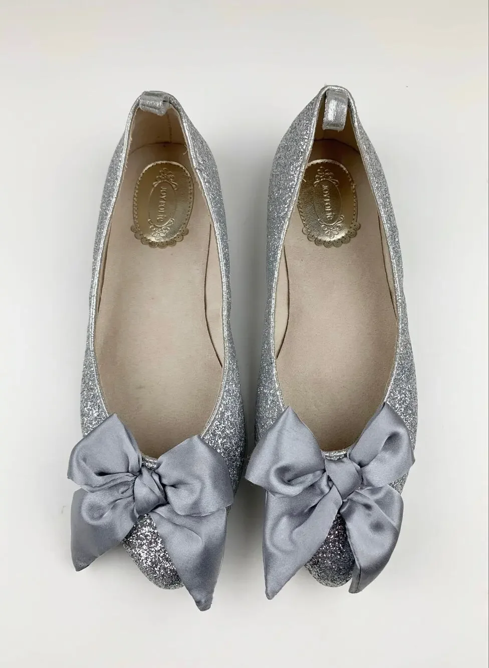 Joyfolie Silver Glitter Penny Flats Slip On Dress Shoes Satin Bow Youth Girls 3
